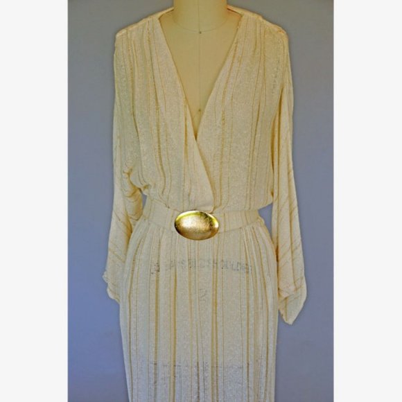 Vtg 70s Ivory Metallic Gold Weave Belted Dress 12P - Picture 3 of 6